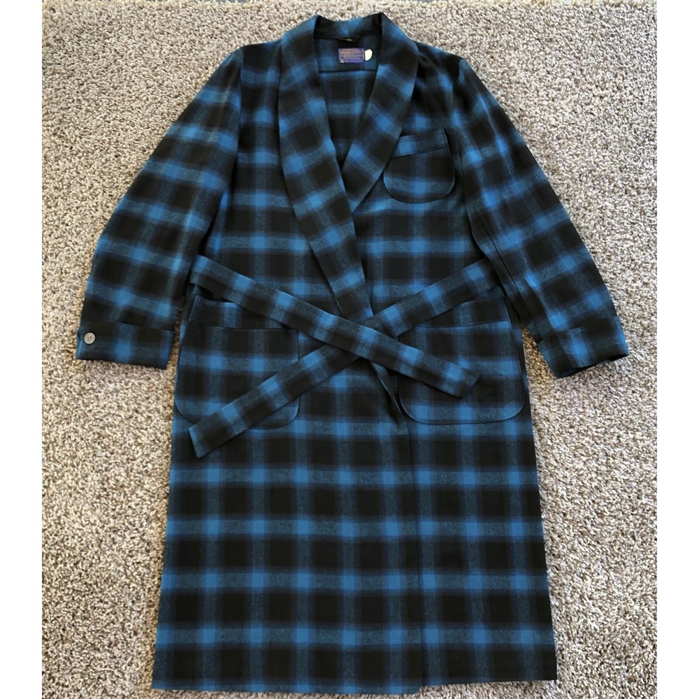 Vintage Pendleton Robe Mens Medium Blue Plaid 100% Virgin Wool Pockets Belt NWOT
